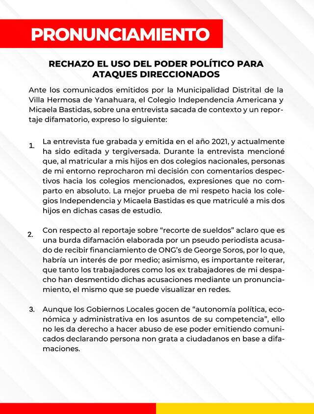 Comunicado de la congresista María Agüero. Foto: X (antes Twitter)   