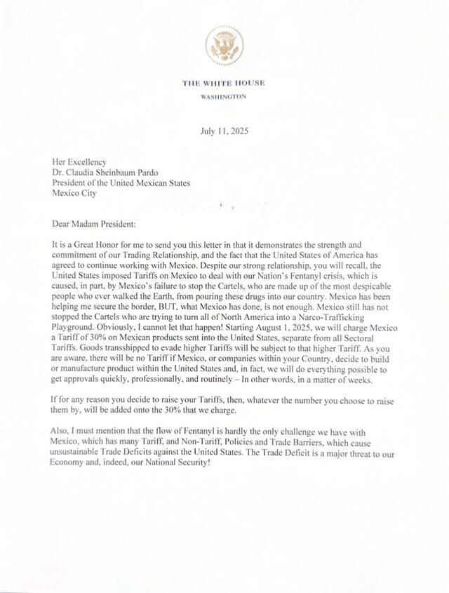 Donald Trump envía carta a Claudia Sheinbaum y anuncia aranceles para México. Foto: The White House   