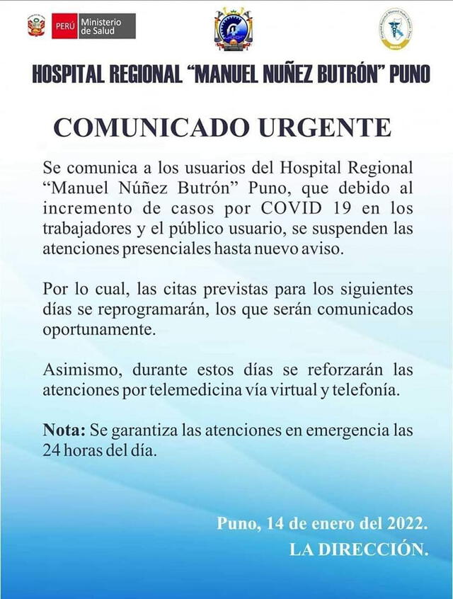 Comunicado Hospital Regional Manuel Nuñez Butron. Foto: redes sociales del nosocomio
