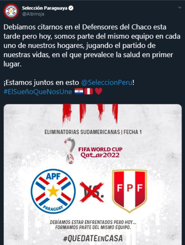 Paraguay mandó un mensaje de apoyo a la Selección Peruana por el coronavirus. Foto: Twitter