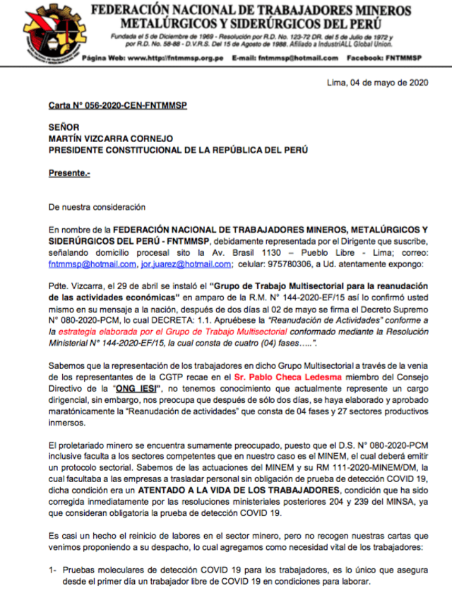 Carta de la FNTMMSP al presidente Martín Vizcarra.