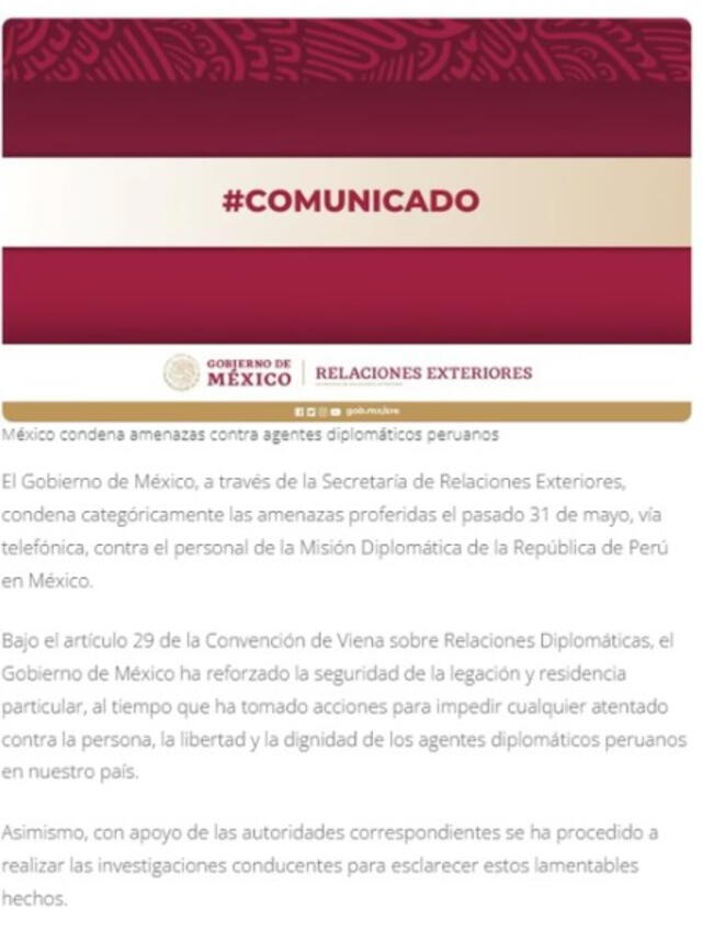  Comunicado de la Secretaría de Relaciones Exteriores sobre el caso. Foto: Gobierno de México<br>    