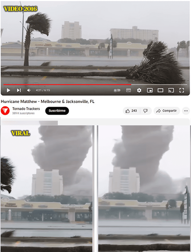  Comparación de imágenes: se muestra la misma escena, pero no aparecen el tornado ni el rayo durante el huracán de 2016. Foto: capturas en Tornado Trackers (arriba) y Facebook (abajo).    
