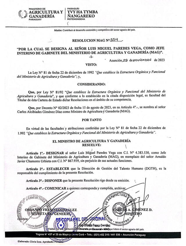 El Gobierno de Paraguay dispuso separar a Arnaldo Chamorro del Ministerio de Agricultura y Ganadería. Foto: @magparaguay/Twitter   