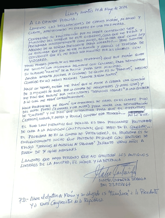 Carta que escribió Mateo Castañeda acusando a Carlos Morán. Foto: PNP   