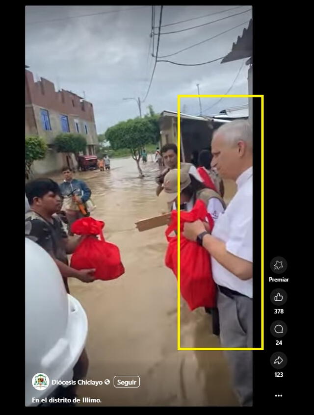 <em>Labor social de Robert Prevost (en amarillo) durante los efectos del ciclón Yaku. Foto: captura de Facebook</em>   