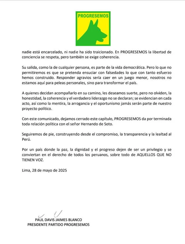 Comunicado de Progresemos tras la renuncia de Hernando de Soto. Comunicado de Progresemos tras la renuncia de Hernando de Soto.