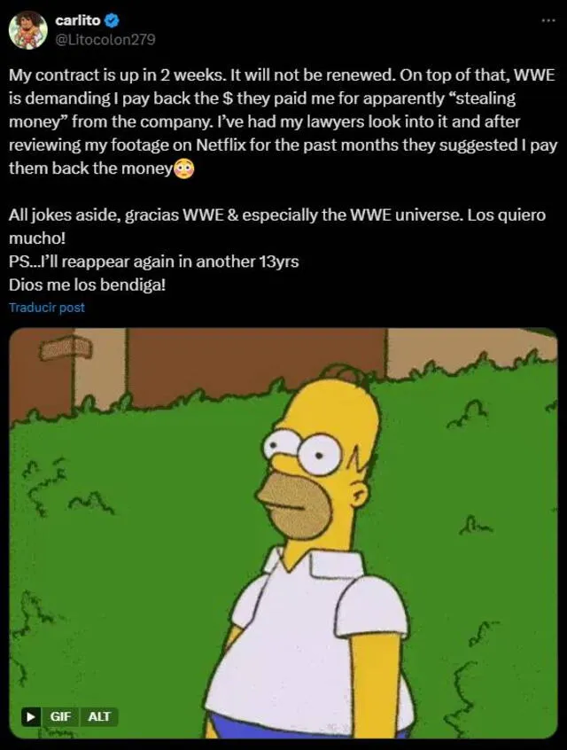 Mensaje de despedida de Carlito de la WWE   