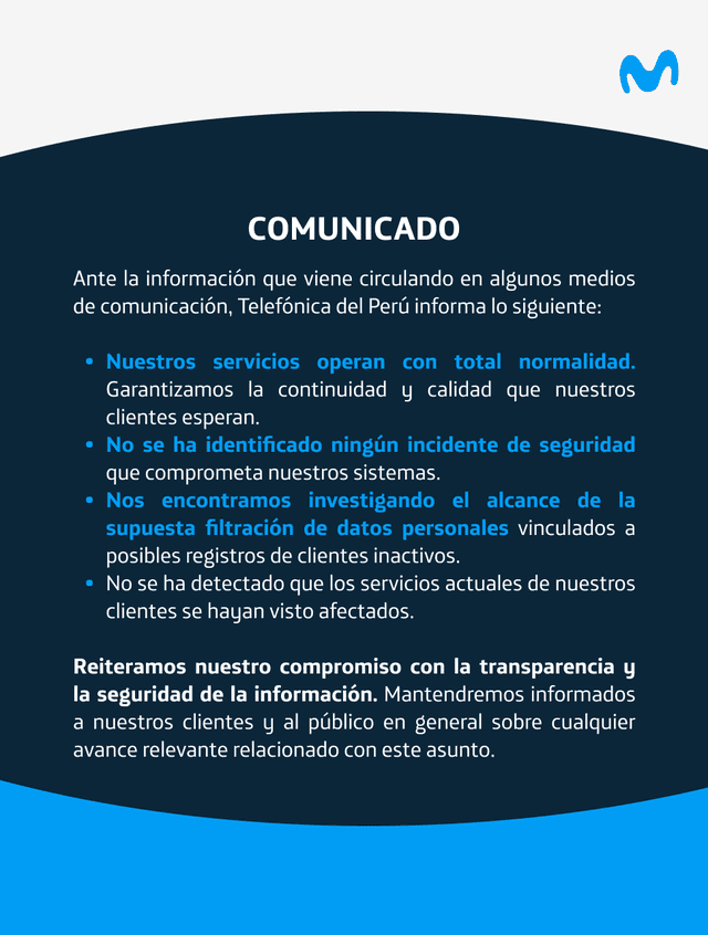 Telefónica lanza comunicado tras presunta filtración de datos en Perú. Fuente: Comunicaciones Movistar Perú (X) Telefónica lanza comunicado tras presunta filtración de datos en Perú. Fuente: Comunicaciones Movistar Perú (X)