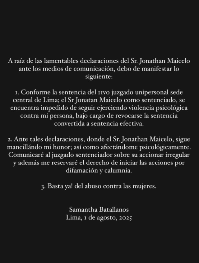 Comunicado oficial de Samantha Batallanos. Foto: Instagram Comunicado oficial de Samantha Batallanos. Foto: Instagram