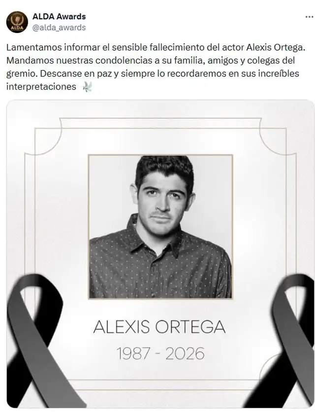 ALDA Awards compartió un mensaje lamentando la pérdida del actor Alexis Ortega.