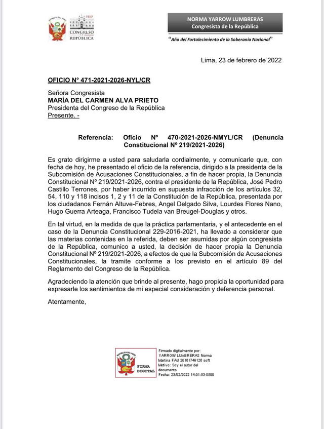 Avanza País lidera una nueva denuncia constitucional contra el jefe de Estado. Foto: oficia enviado por Norma Yarrow