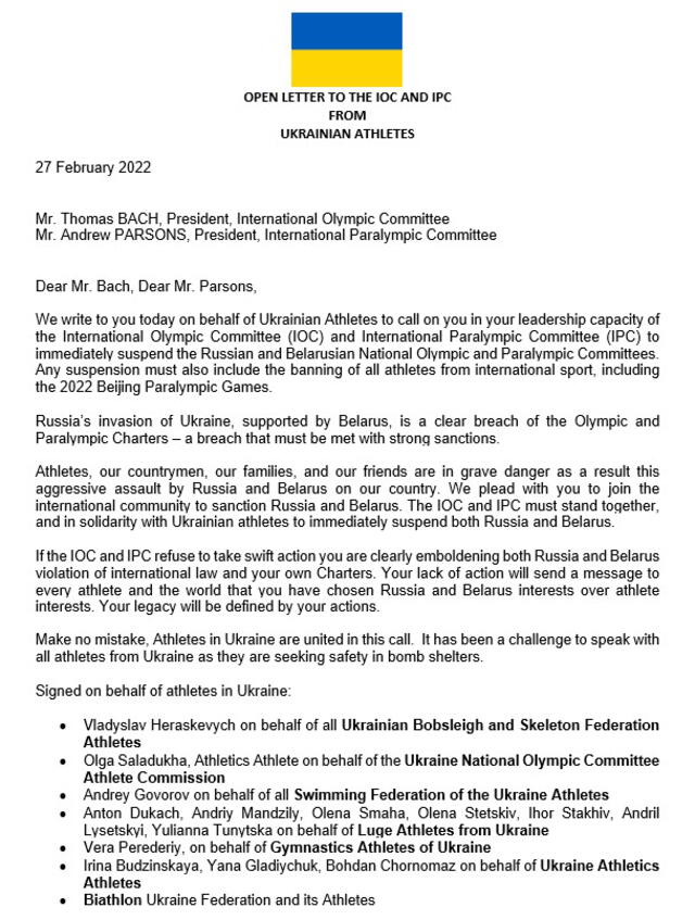 Carta de deportistas ucranianos dirigida al COI y CPI. Foto: Twitter Global Athlete