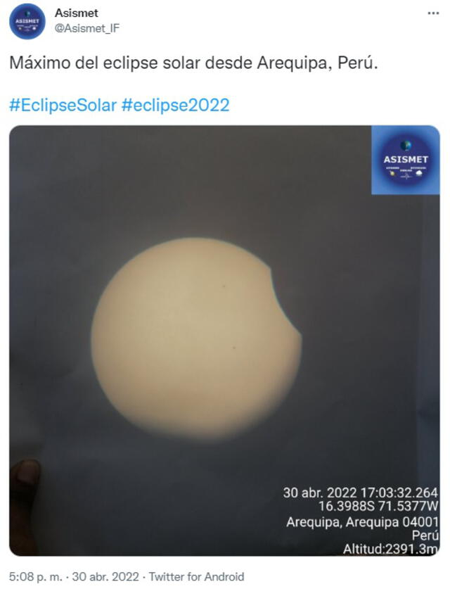 El eclipse solar visualizado en Perú. Foto: captura de Twitter