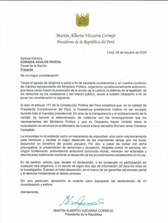 Carta de Martí Vizcarra a la fiscal de la Nación.