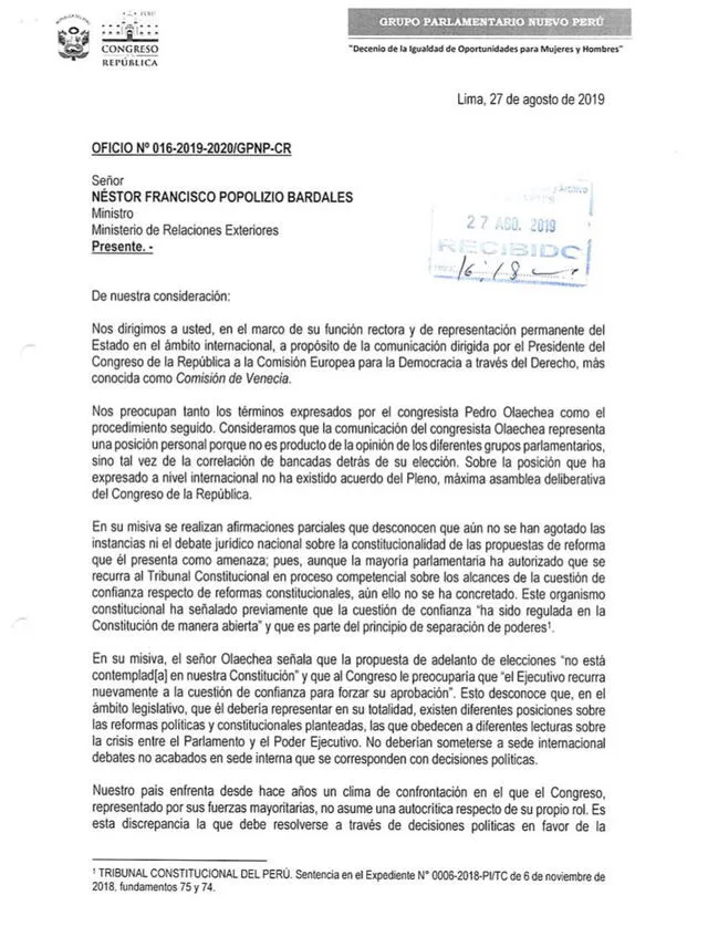 Nuevo Perú pide al canciller aclarar a Comisión de Venecia las “imprecisiones” de Olaechea
