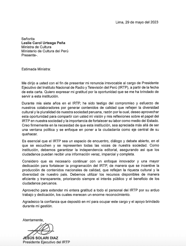  Carta de renuncia del presidente del IRTP. Foto: Twitter/ @jfowks<br><br>    