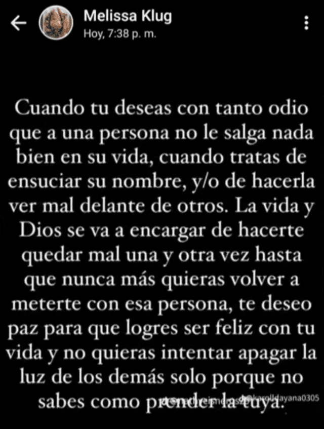 Melissa Klug manda indirecta a Pamela López. Foto: Instagram/captura    