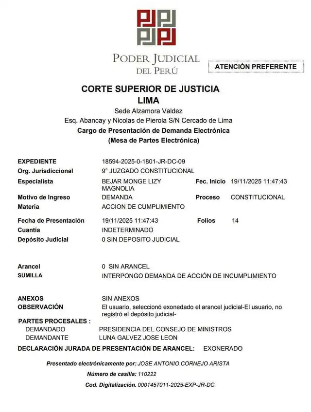 Acción de cumplimiento ingresada por José Luna para exigir que el Ejecutivo pague el bono de reconocimiento ONP. Foto: Poder Judicial Acción de cumplimiento ingresada por José Luna para exigir que el Ejecutivo pague el bono de reconocimiento ONP. Foto: Poder Judicial