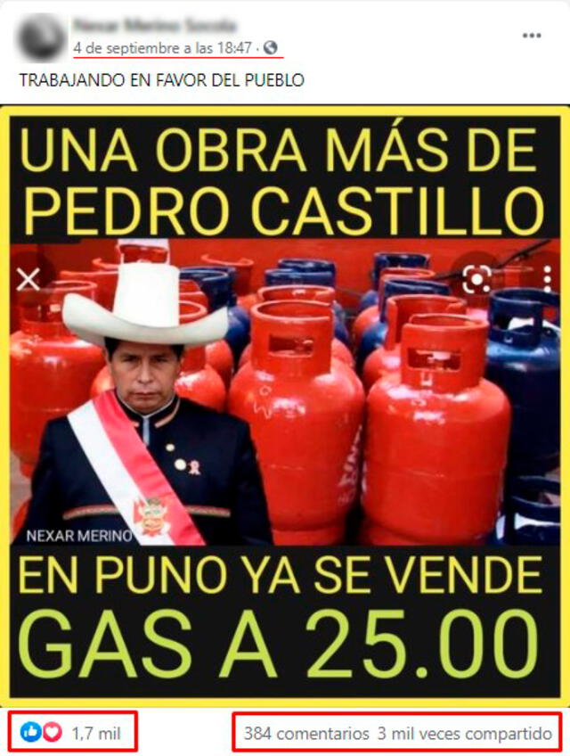 Imagen viralizada en Facebook en el que se afirma que en Puno el balón de gas se vende a 25 soles. FOTO: Captura de Facebook.