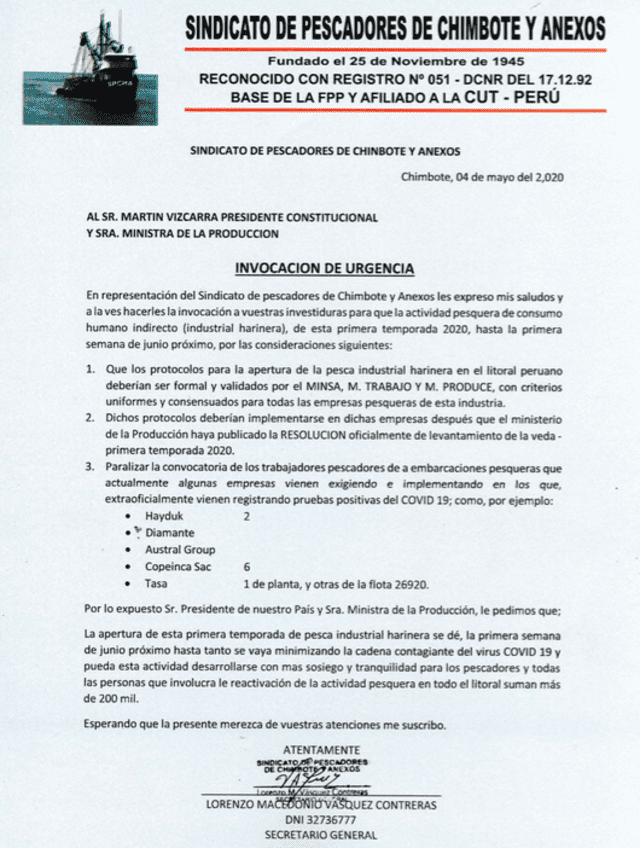 Documento enviado por el sindicato al presidente Martín Vizcarra.