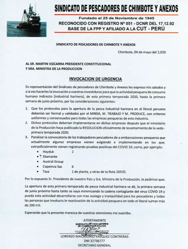 Documento enviado por el sindicato al presidente Martín Vizcarra.