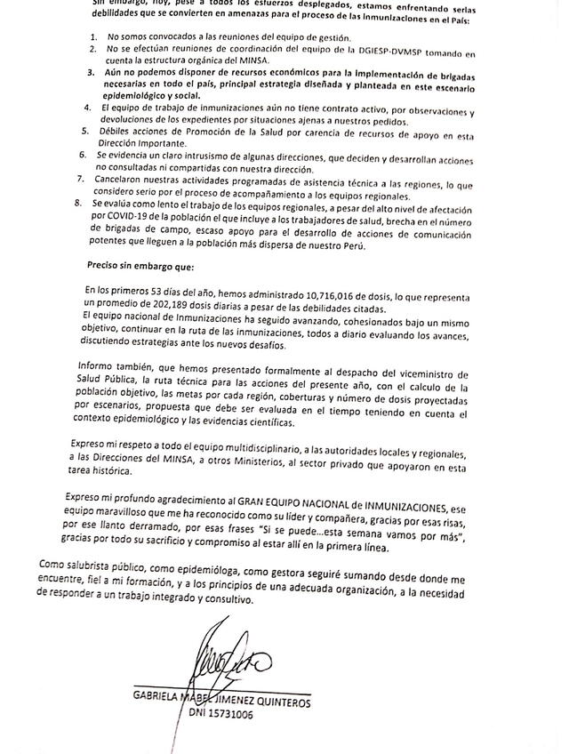 carta de renuncia Gabriela Jimenez minsa