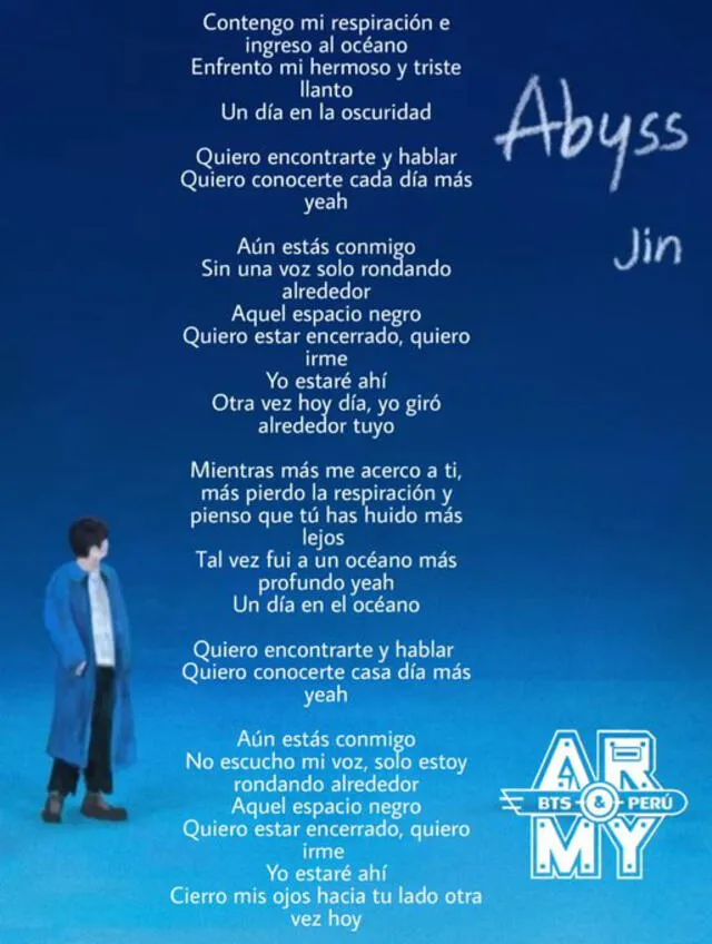 Traducción de "Abyss", interpretada por Jin. Foto: Twitter @ARMYPeru_twt
