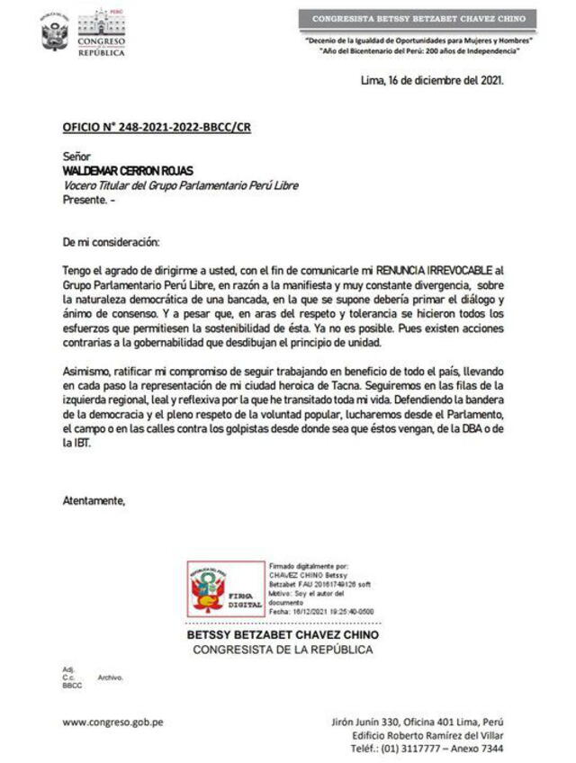 Carta de renuncia de Betssy Chávez a Perú Libre