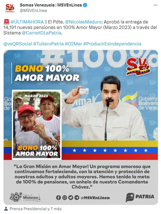  Nicolás Maduro aprobó la entrega de nuevas pensiones de 100% Amor Mayor. Foto: MSVEnLínea/Twitter   