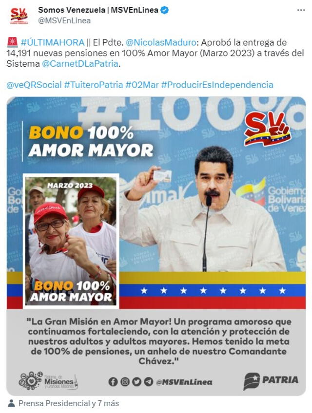  Nicolás Maduro aprobó la entrega de nuevas pensiones de 100% Amor Mayor. Foto: MSVEnLinea/ Twitter   