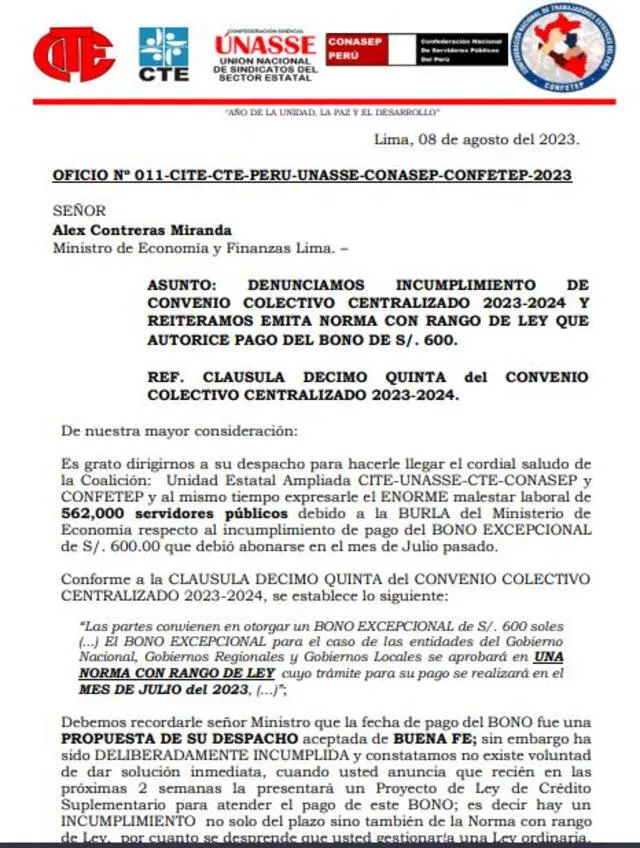 Este es el pronunciamiento de los trabajadores ante el incumplimiento de los acuerdos para viabilizar la entrega del bono 600. Foto: Coalición Unidad Estatal Ampliada    