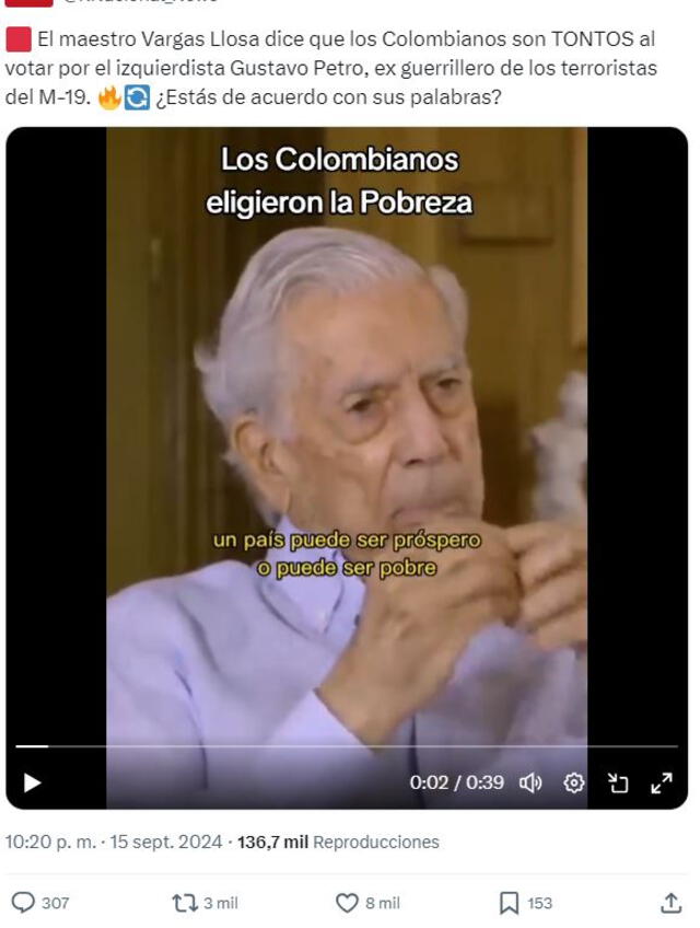  Información imprecisa sobre Mario Vargas Llosa. Foto: captura en X.&nbsp;&nbsp;<br><br>    