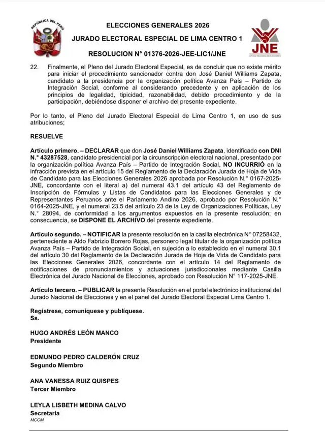  Resolución llamando al archivo del proceso de exclusión contra la candidatura de José Williams | Foto: JNE  