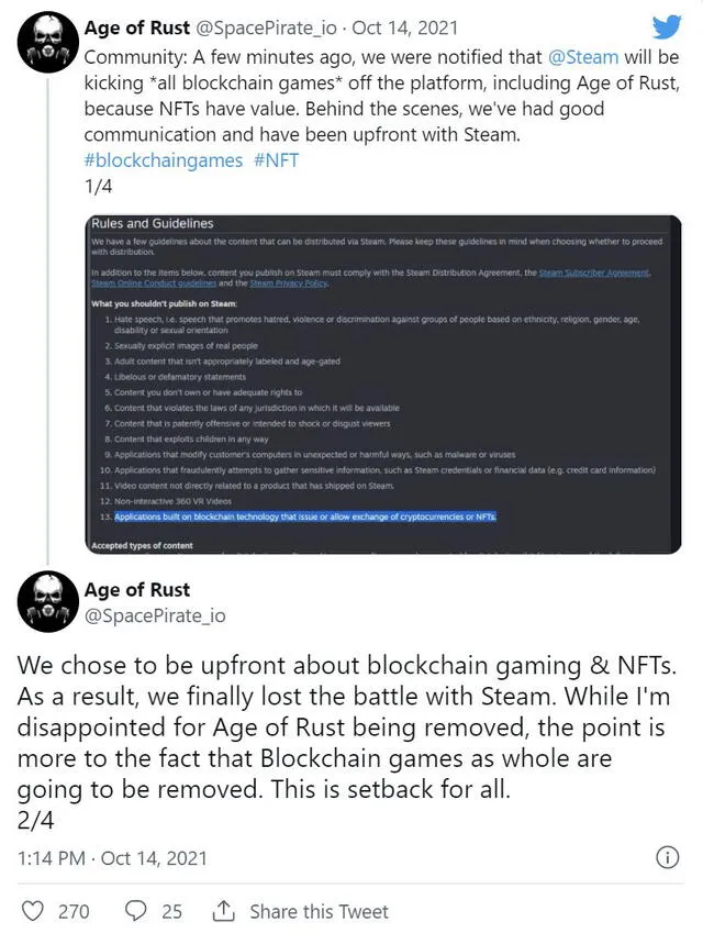 Los desarrolladores de Age of Rust intentaron convencer a Valve de que admita los juegos NFT. Foto: Twitter