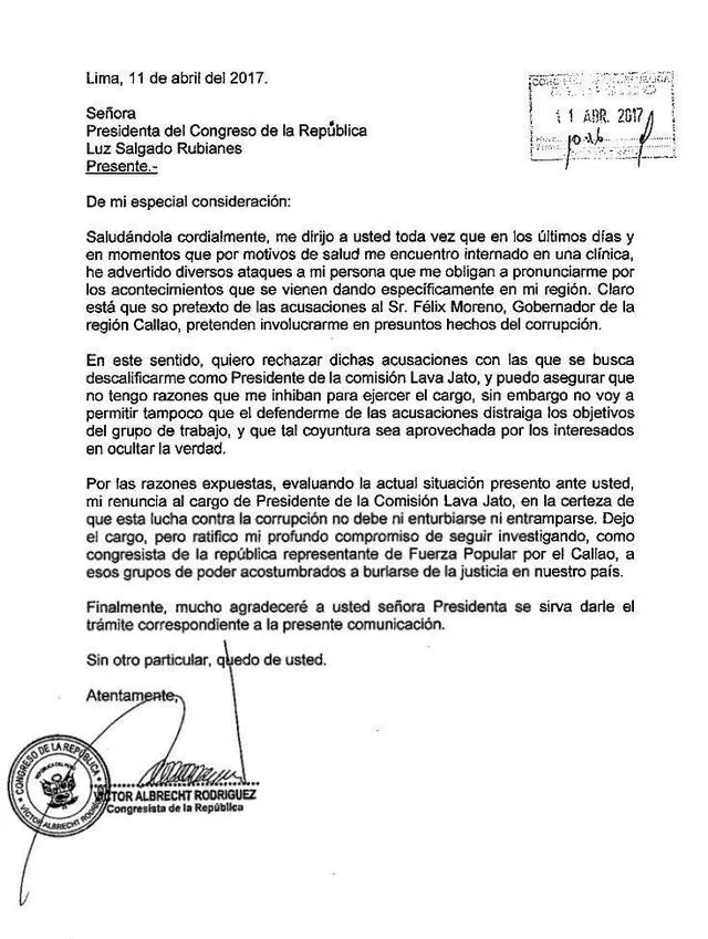 Carta de Renuncia de Víctor Albrecht a la presidencia de la Comisión Lava Jato.