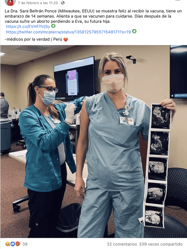 Publicación viral señala que la mujer de la fotografía perdió a su bebé tras aplicarse la vacuna contra la COVID-19. Foto: captura en Facebook