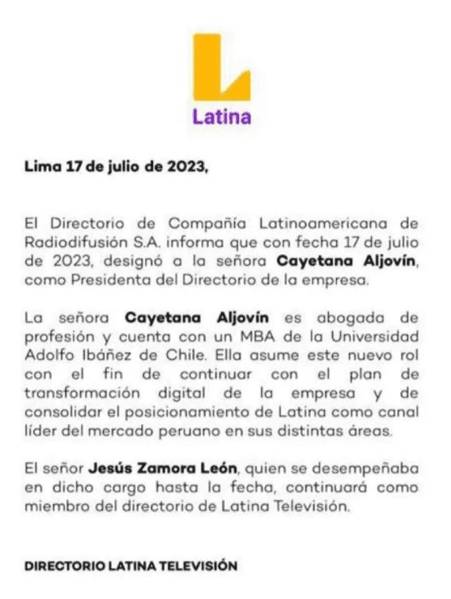 Jesús Zamora continuará como parte del directorio de Latina. Foto: Twitter / @eloymarchan   