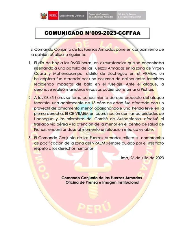 Comunicado del Ejército peruano. Foto: Ministerio de Defensa 