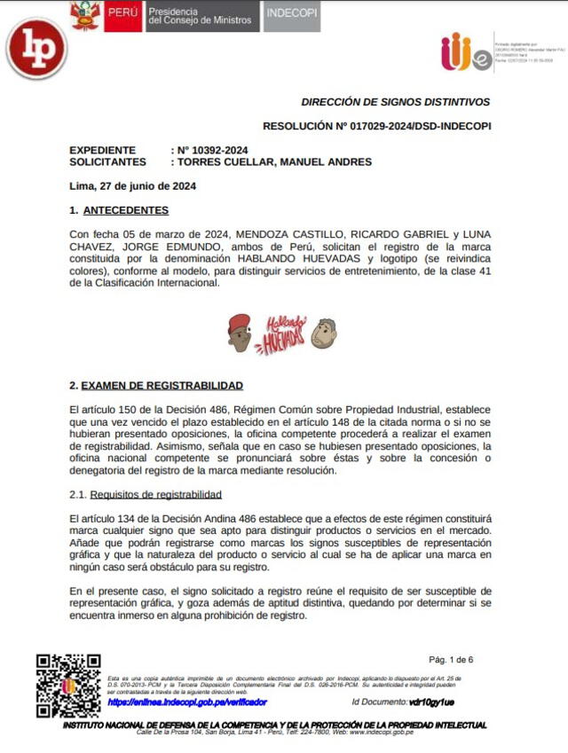 Indecopi emitió la resolución el 27 de junio, en el que rechazaba registrar el nombre de la marca Hablando Huevadas. Foto: LP Derecho.   