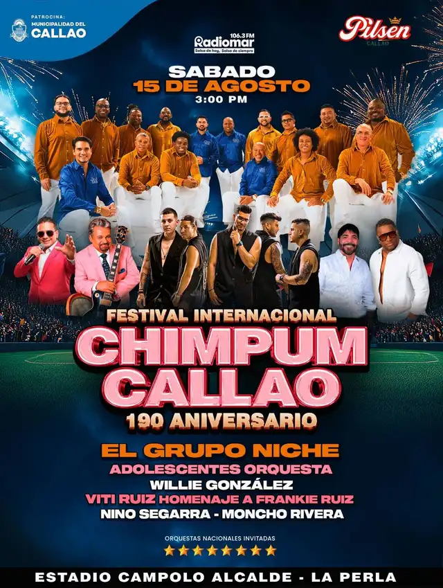 El Callao celebra sus 190 años con el Festival Internacional Chim Pum Callao el 15 de agosto, destacando un gran concierto de salsa. Foto: difusión.