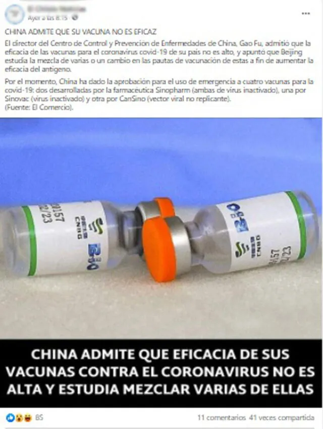 Post dice que China admite que su vacuna no es eficaz. Foto: captura en Facebook.