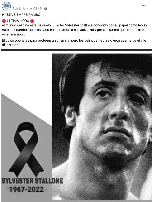 Publicación compartida en redes sociales sobre la supuesta muerte del actor Sylvester Stallone. Fuente: Captura LR, Facebook.