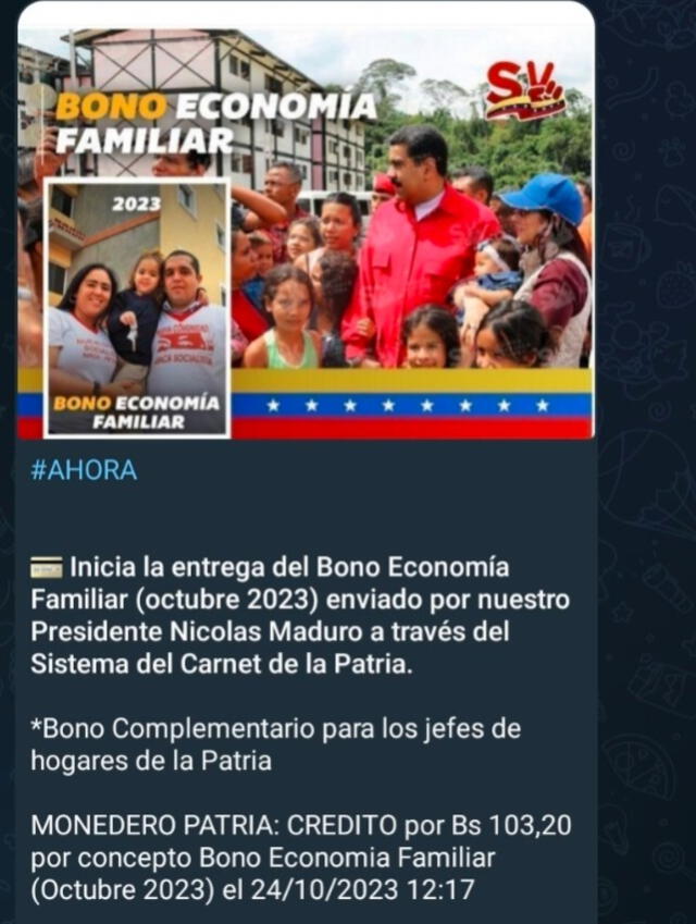 bono economia familiar | octubre 2023 | venezuela