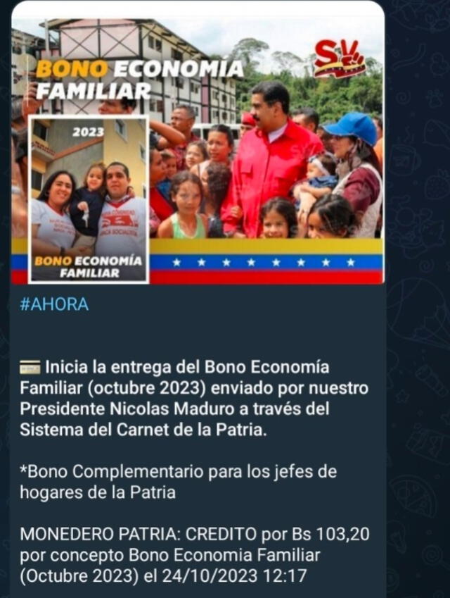 El Bono Economía Familiar se entrega dos veces en el mes. Foto: Canal Patria Digital   