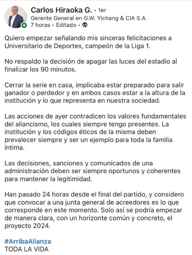 Publicación de Carlos Hiraoka. Foto: captura de LinkedIn   