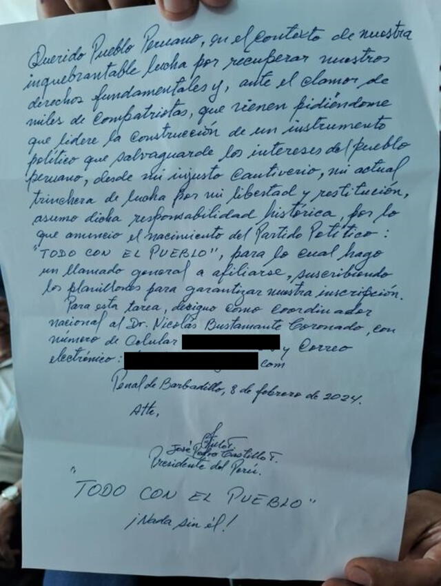  Carta escrita a mano por Pedro Castillo desde el penal en febrero de 2024. Foto: Twitter.   