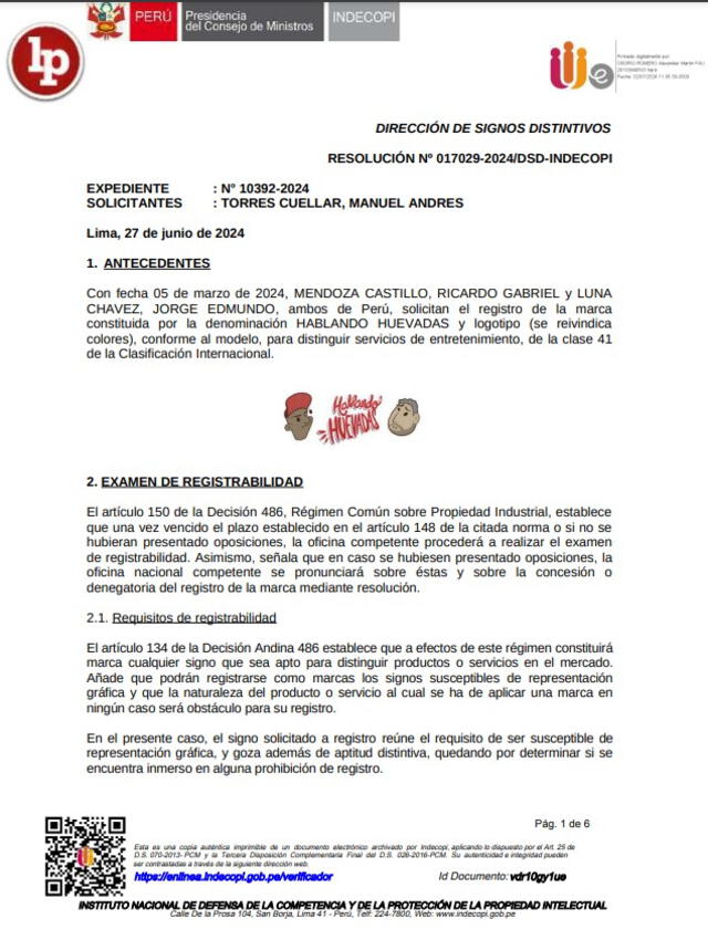  Indecopi emitió la resolución el 27 de junio, en el que rechazaba registrar el nombre de la marca Hablando Huevadas. Foto: LP Derecho.<br><br>    