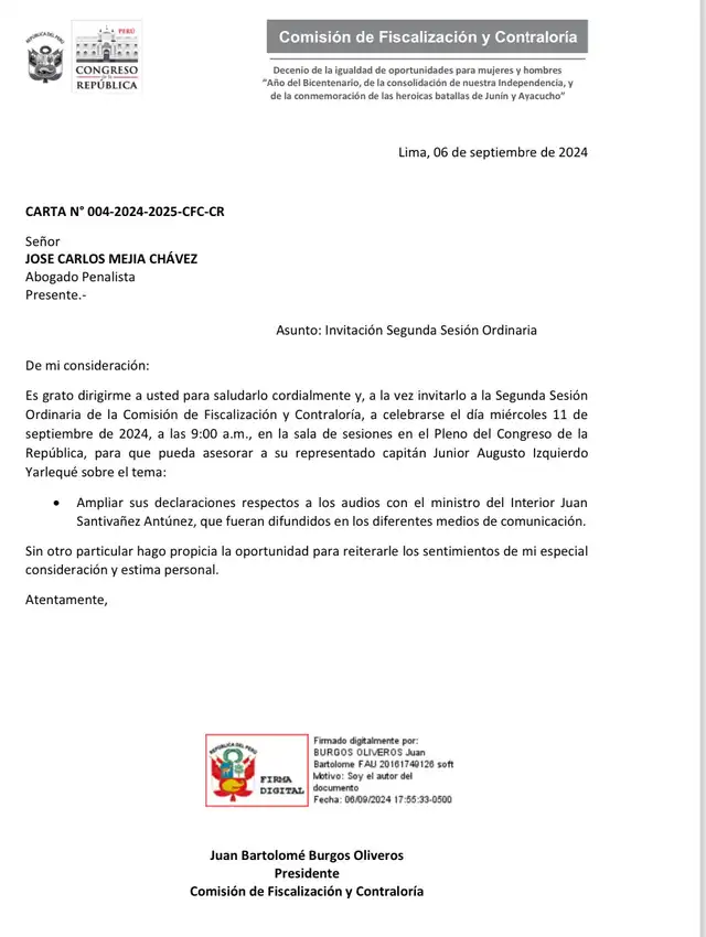  Citación a segunda sesión ordinaria de la Comisión de Fiscalización. | Foto: Congreso.   