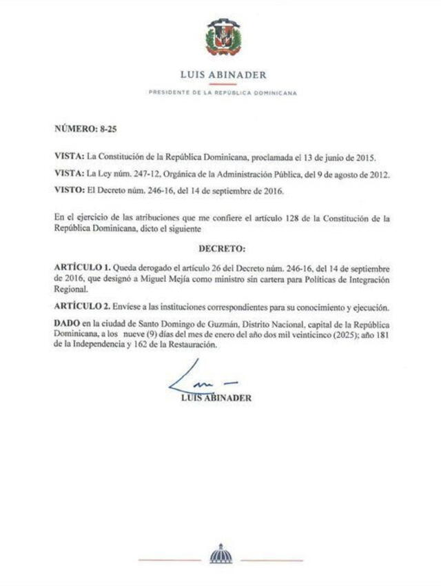 Luis Abinader publicó decreto donde oficializa destitución de Mejía. Foto: República Dominicana/X   